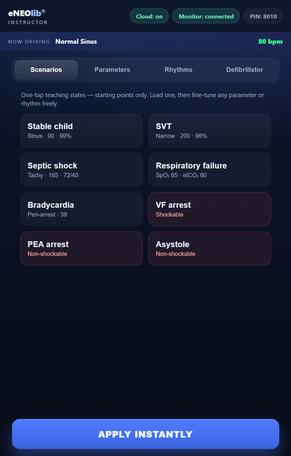 Instructor console showing the scenario grid — stable child, supraventricular tachycardia, septic shock, respiratory failure, bradycardia and arrest states — driving normal sinus at 80 beats per minute
